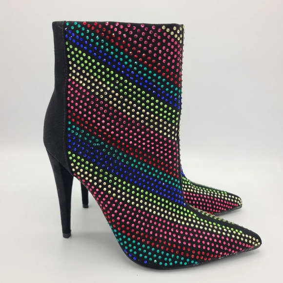 JustFab Black Rainbow Rhinestone Embellished Pointed Toe Stiletto Boots 8 - Picture 2 of 16